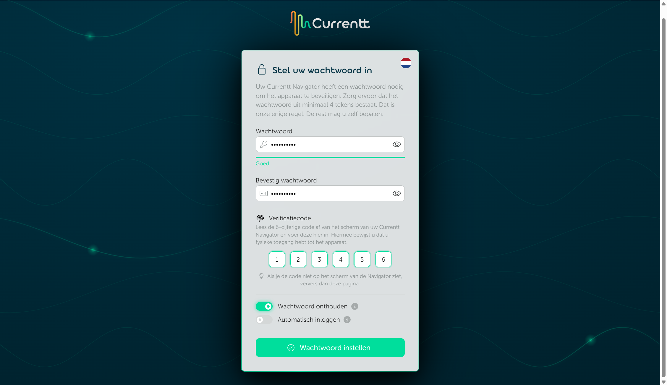 Ingevuld wachtwoord met verificatiecode van de Navigator